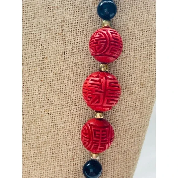 Vintage Chinese carved red cinnabar beaded Necklace